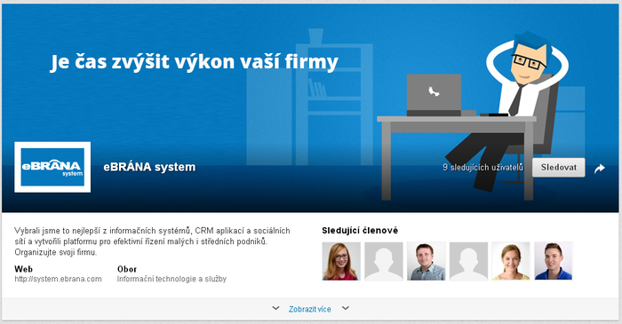 Na LinkedIn můžete na své firemní stránce vytvořit i podstránku svých produktů, stejně jako jsme ji založili my pro eBRÁNA system.