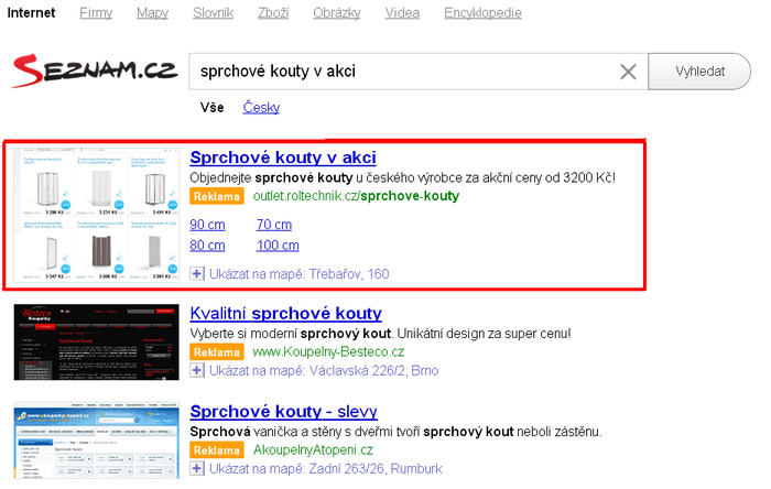 Ve vyhledávači seznam.cz se díky PPC kampani zobrazuje reklama na sprchové kouty eshopu outlet.roltechnik.cz mezi prvními vyhledávacími dotazy.
