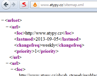Ukázka obsahu souboru Sitemap.xml